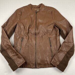 GH Bass Moto Jacket Women's S Faux Leather Brown Stretch Knit Sides